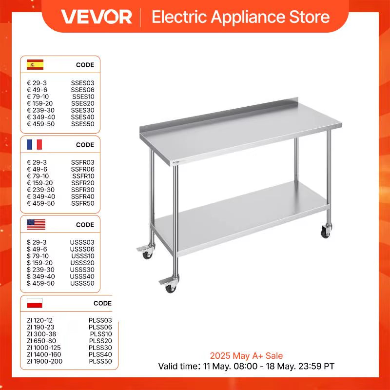 Stainless Steel Work Table Commercial Food Prep Worktable with Casters Heavy Duty Prep Worktable for Restaurant Home Hotel